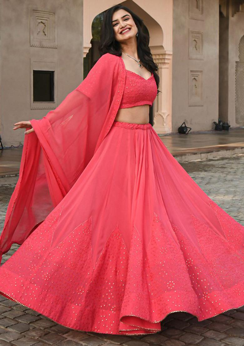 Pink Embroidered Blended Lehenga Set