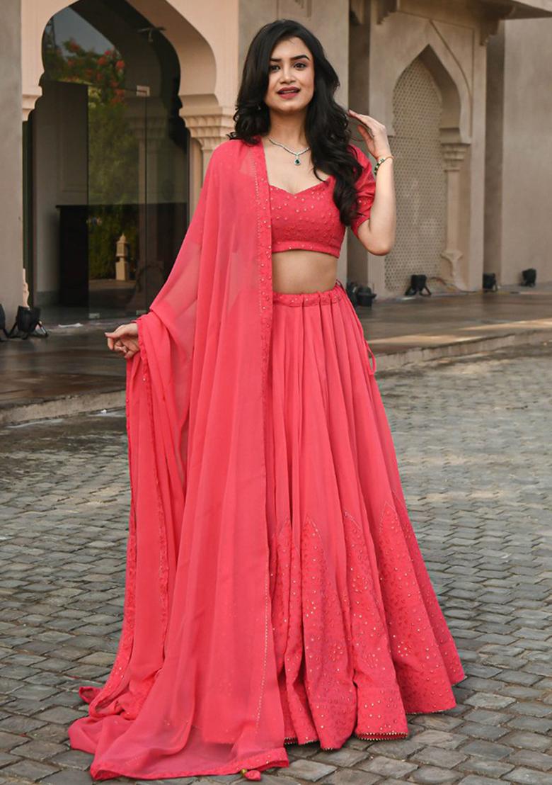 Pink Embroidered Blended Lehenga Set