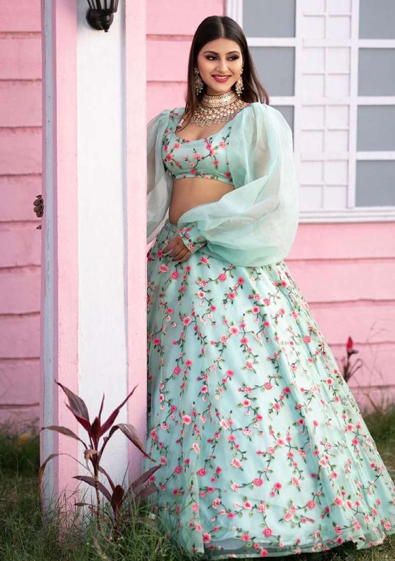 Multicolor Embroidered Blended Lehenga Set for Diwali and Festive Wear - Indya