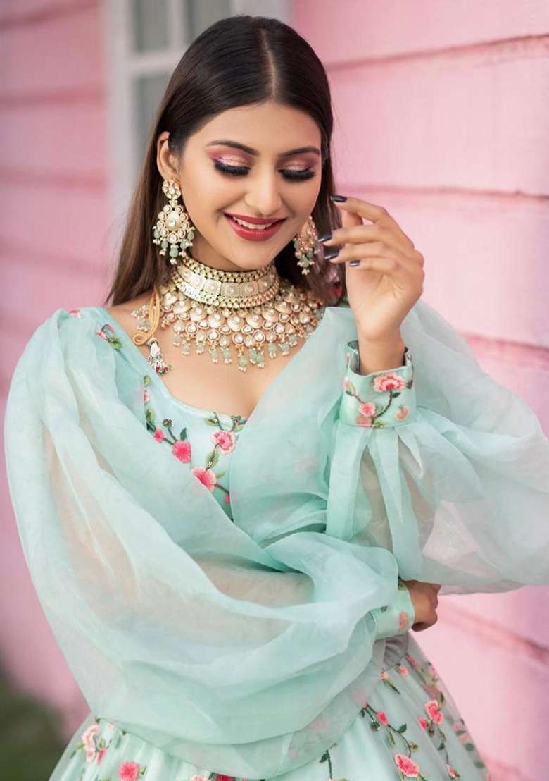 Multicolor Embroidered Blended Lehenga Set for Diwali and Festive Wear - Indya