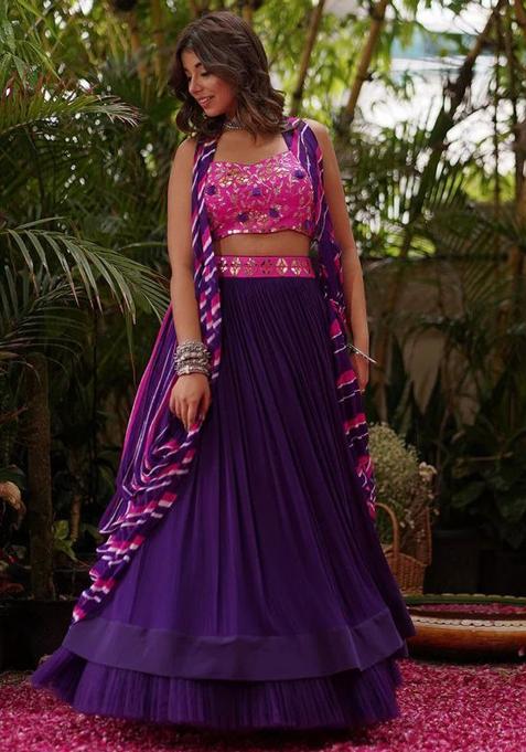 Multicolor Embroidered Blended Lehenga Set
