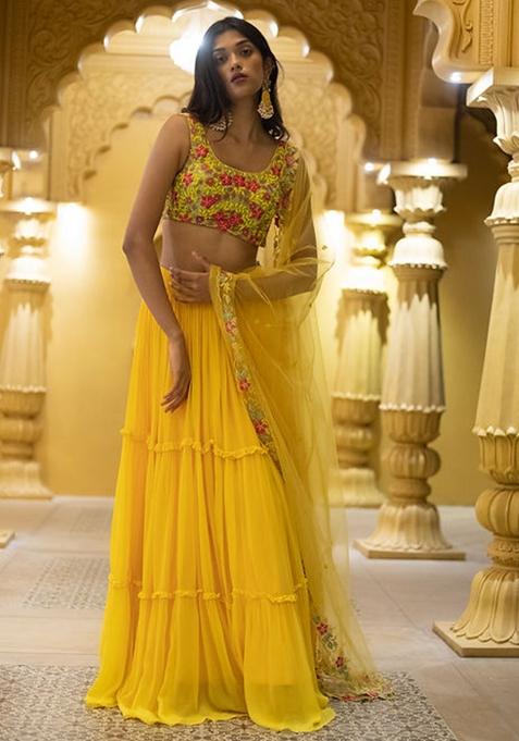 Yellow Embroidered Blended Lehenga Set