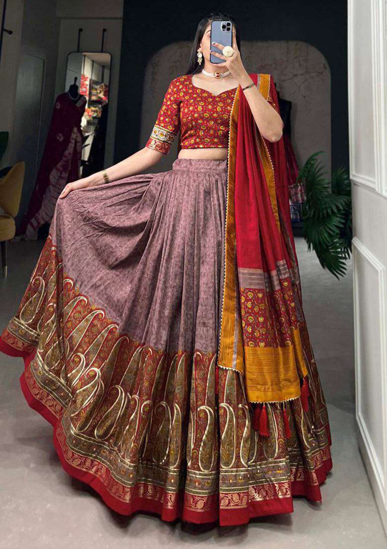 Multicolor Embroidered Blended Lehenga Set - Indya