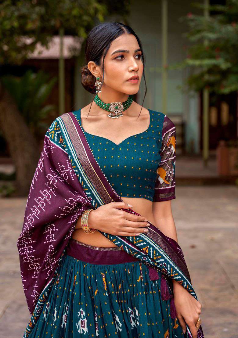 Multicolor Embroidered Blended Lehenga Set - Indya