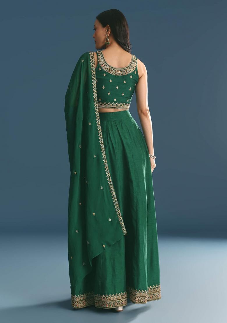 Green Embroidered Blended Lehenga Choli