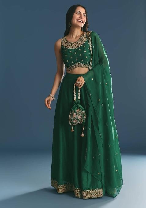 Green Embroidered Blended Lehenga Choli