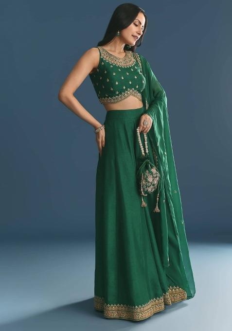 Green Embroidered Blended Lehenga Choli