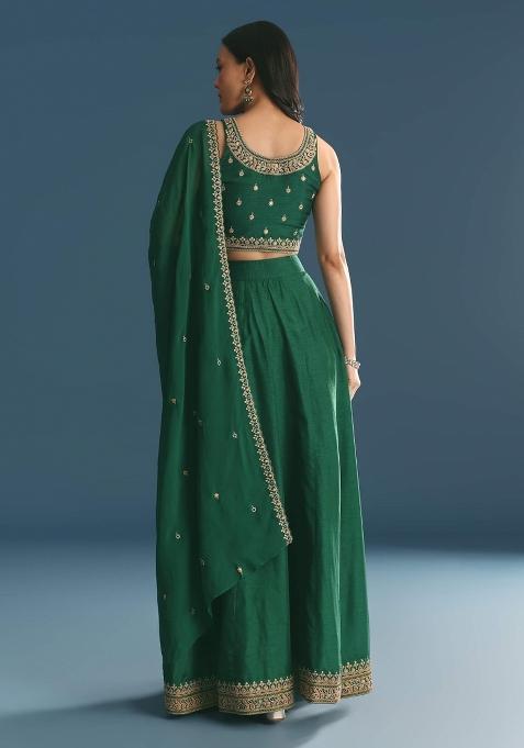 Green Embroidered Blended Lehenga Choli