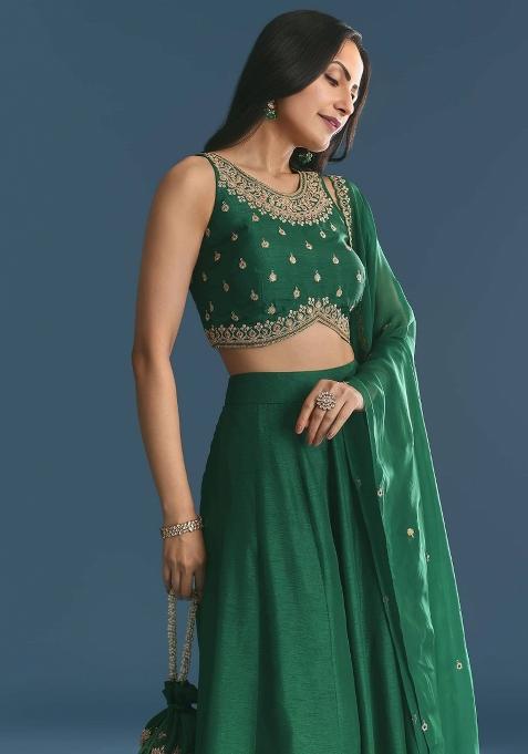 Green Embroidered Blended Lehenga Choli