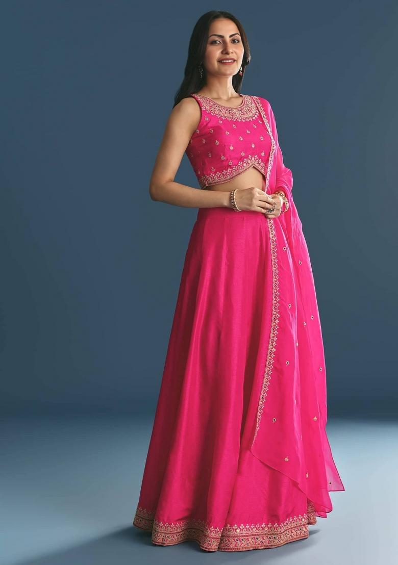 Pink Embroidered Blended Lehenga Choli