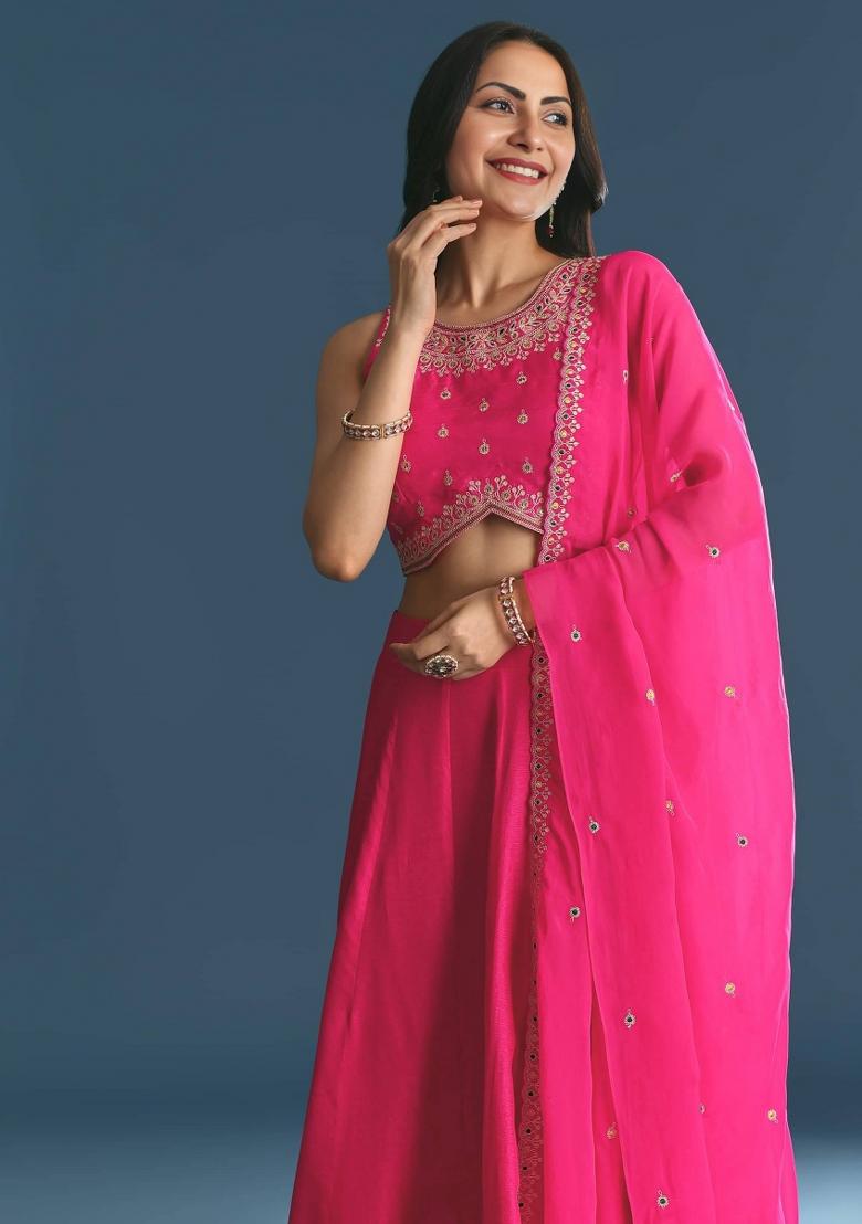 Pink Embroidered Blended Lehenga Choli