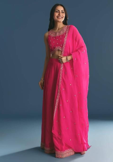 Pink Embroidered Blended Lehenga Choli