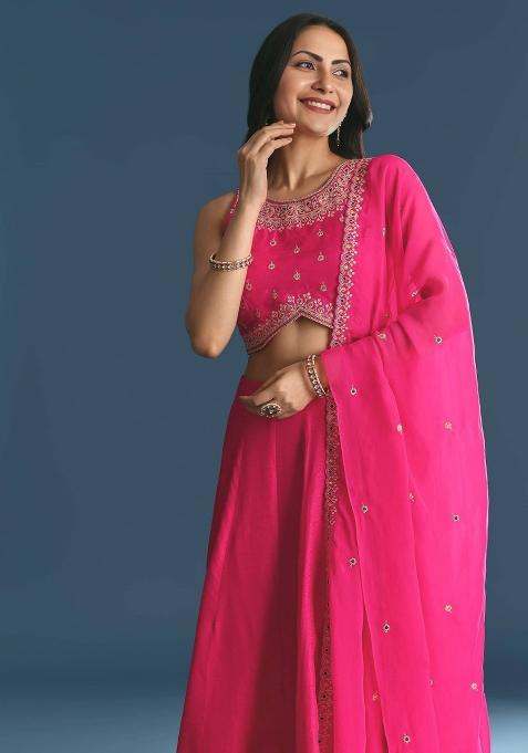 Pink Embroidered Blended Lehenga Choli
