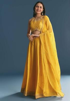 Yellow Embroidered Blended Lehenga Choli
