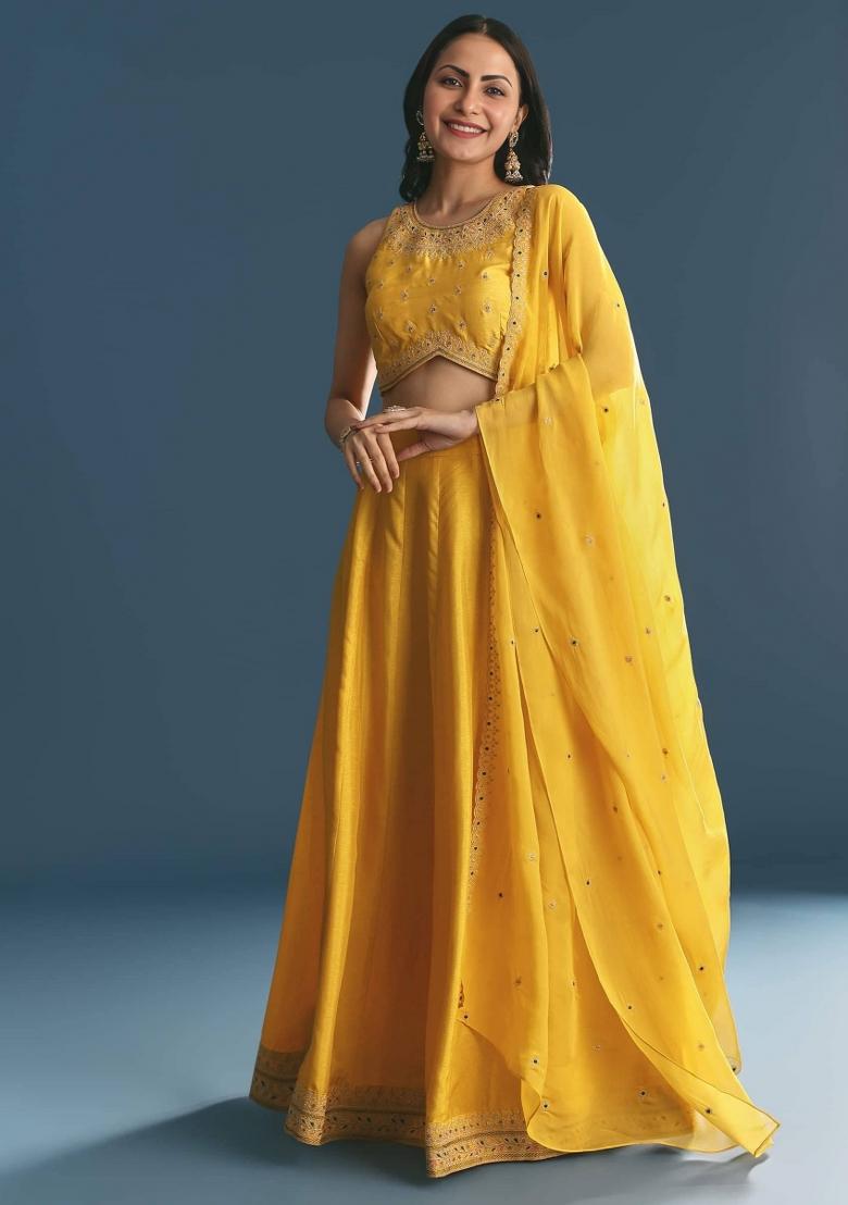 Yellow Embroidered Blended Lehenga Choli