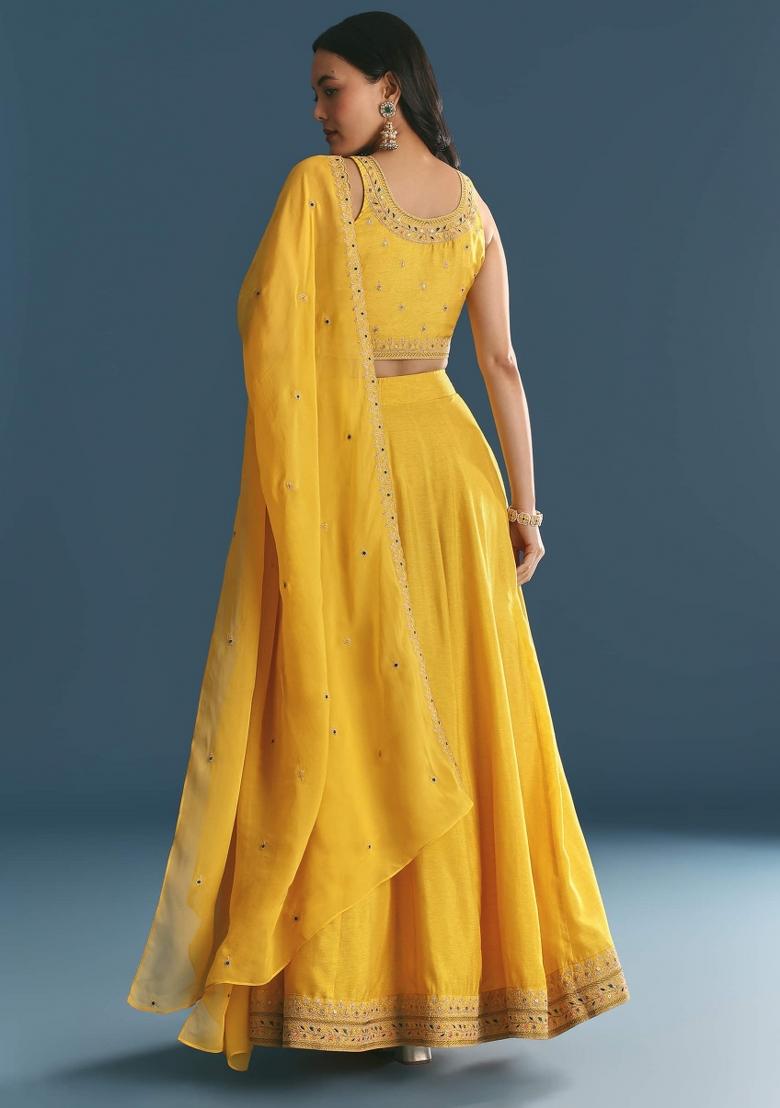 Yellow Embroidered Blended Lehenga Choli