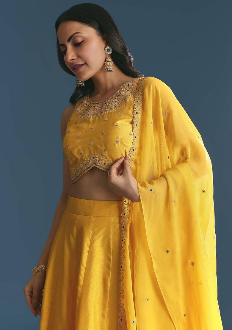 Yellow Embroidered Blended Lehenga Choli