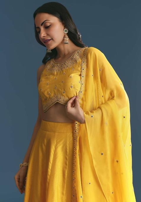 Yellow Embroidered Blended Lehenga Choli