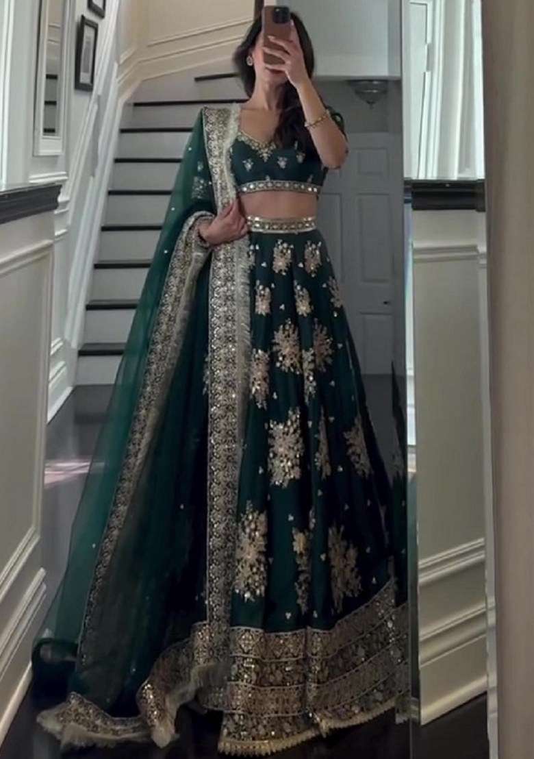 Green Embroidered Blended Lehenga Set for Diwali and Festive Wear - Indya