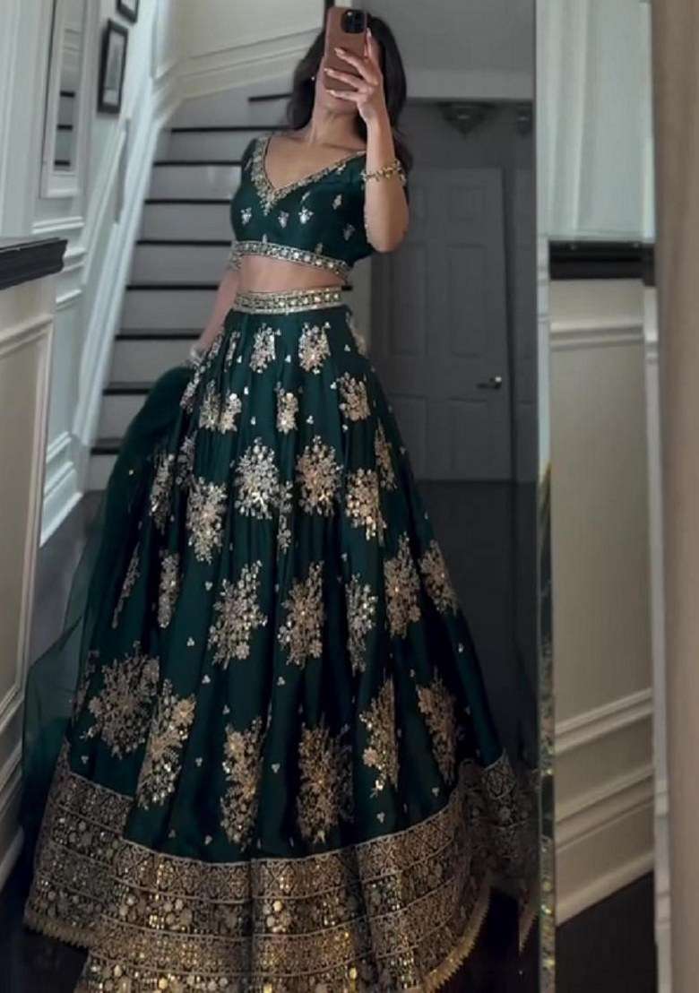 Green Embroidered Blended Lehenga Set for Diwali and Festive Wear - Indya