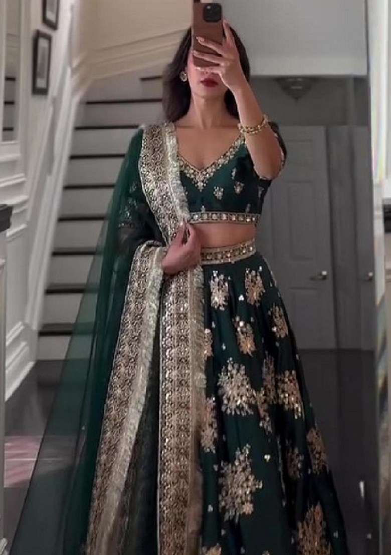 Green Embroidered Blended Lehenga Set for Diwali and Festive Wear - Indya
