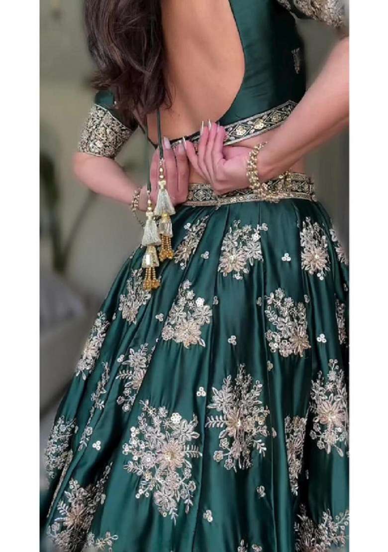 Green Embroidered Blended Lehenga Set for Diwali and Festive Wear - Indya