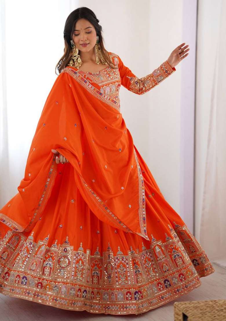 Orange Blended Lehenga Set with Embroidered for Diwali | Wedding & Festive Wear - Indya