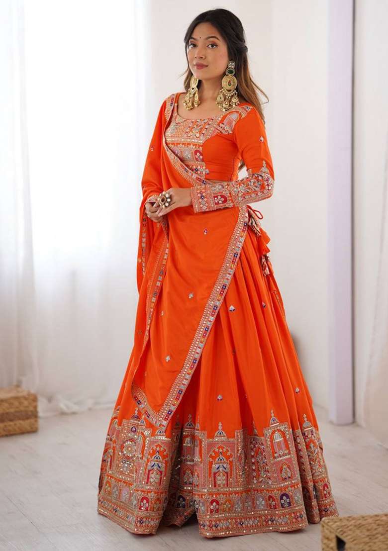 Orange Blended Lehenga Set with Embroidered for Diwali | Wedding & Festive Wear - Indya