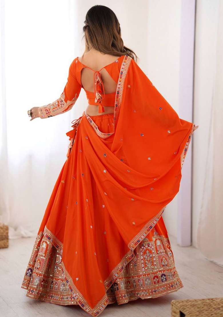 Orange Blended Lehenga Set with Embroidered for Diwali | Wedding & Festive Wear - Indya