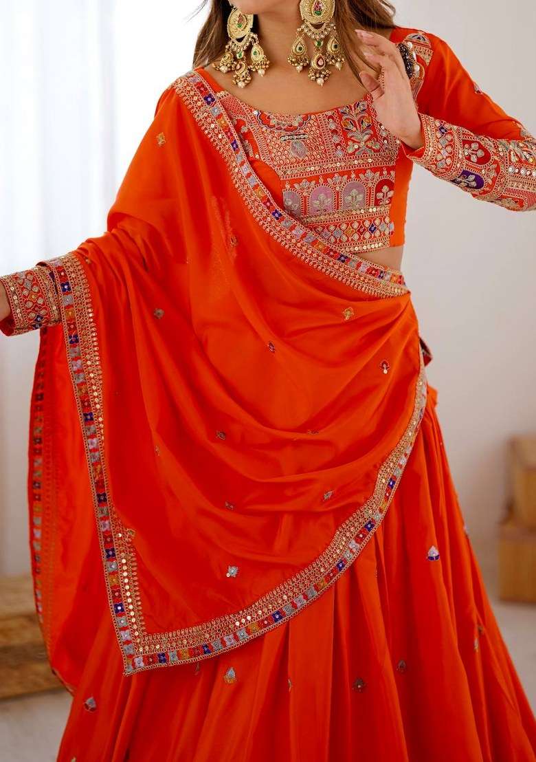Orange Blended Lehenga Set with Embroidered for Diwali | Wedding & Festive Wear - Indya