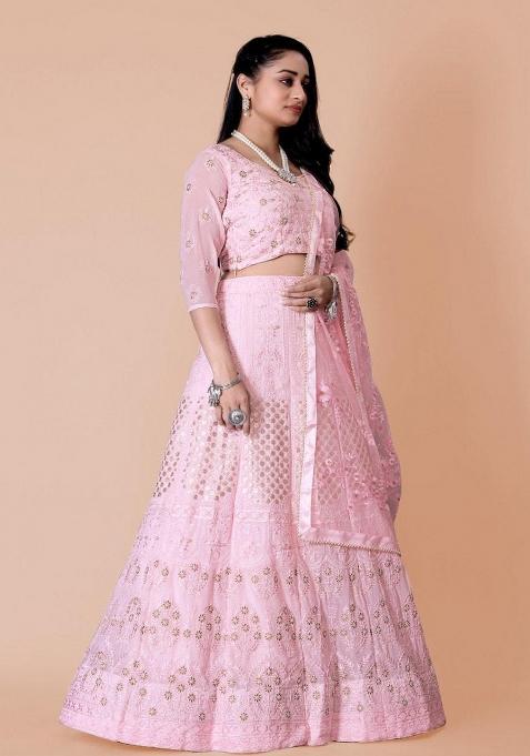 Pink Embroidered Blended Lehenga Set