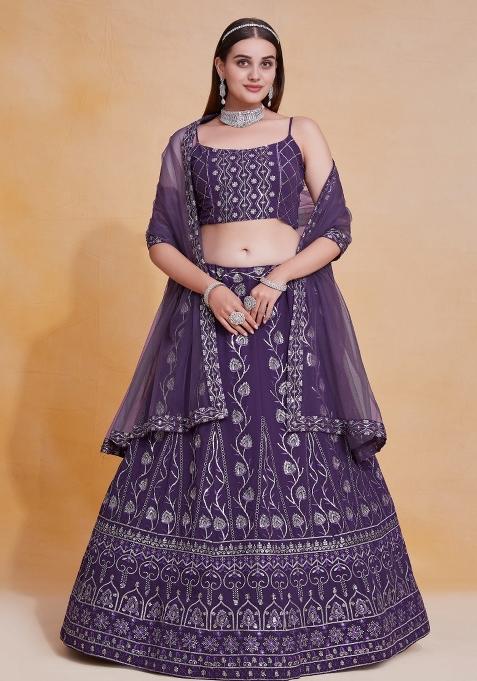 Purple Embroidered Blended Lehenga Set