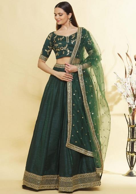 Green Embroidered Blended Lehenga Set
