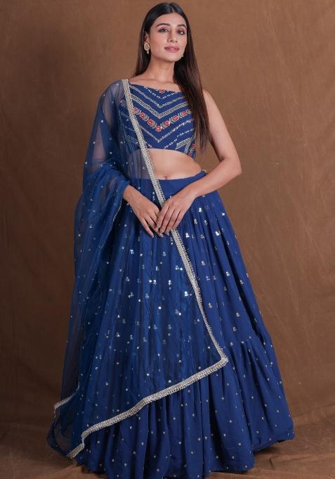 Blue Embroidered Blended Lehenga Set