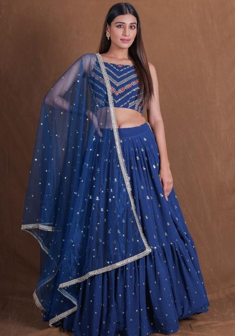Blue Embroidered Blended Lehenga Set
