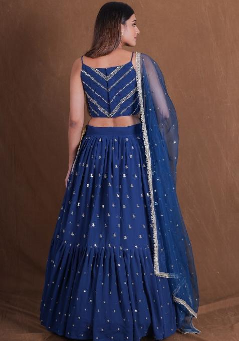 Blue Embroidered Blended Lehenga Set