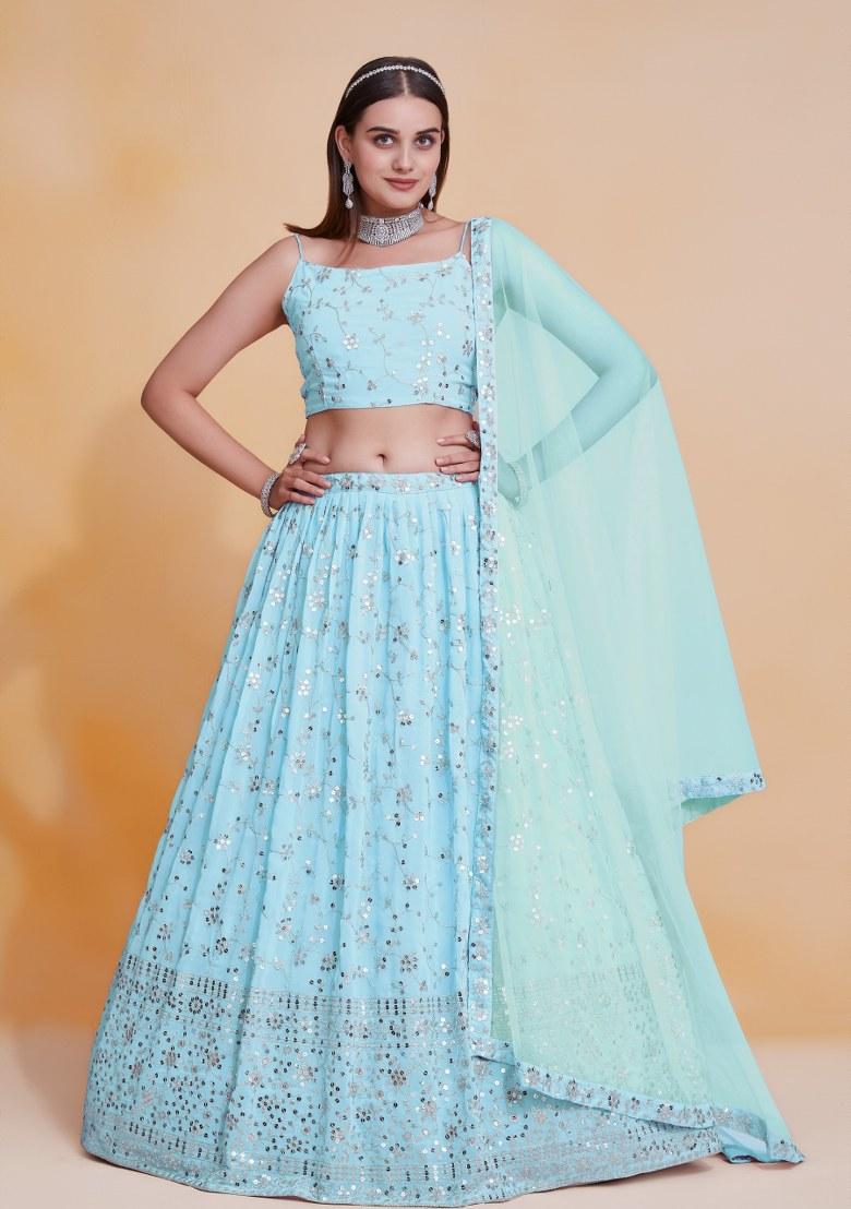 Sky Blue Embroidered Blended Lehenga Set