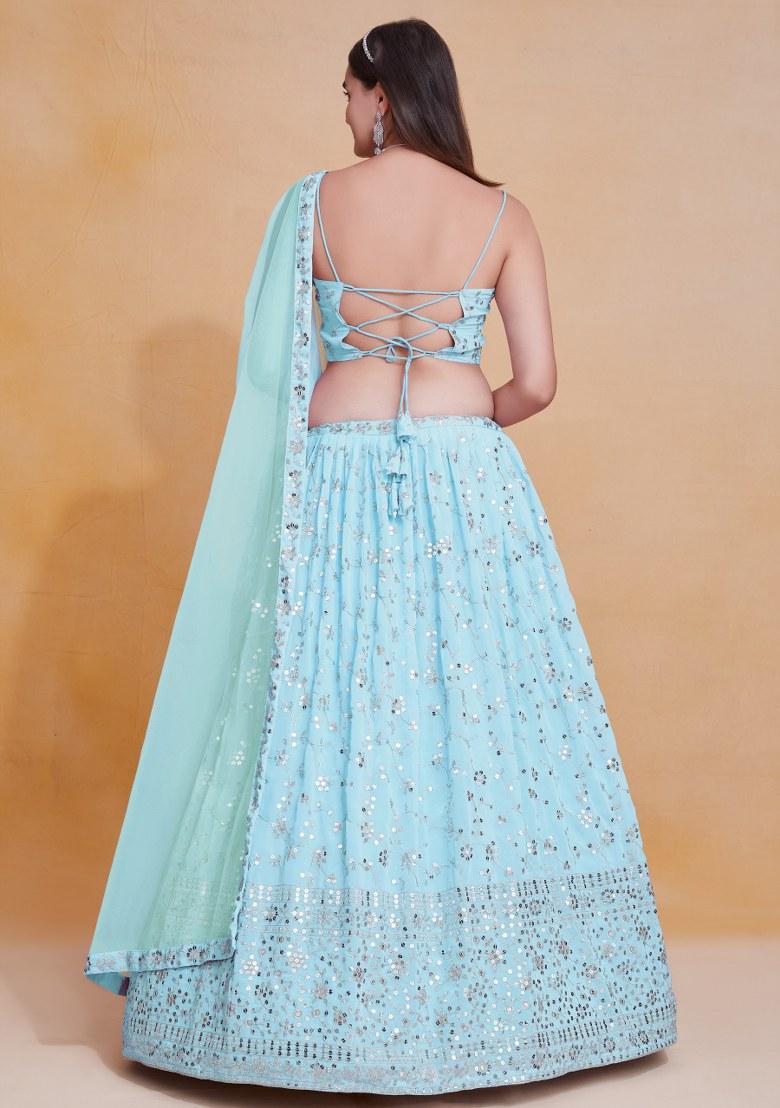 Sky Blue Embroidered Blended Lehenga Set