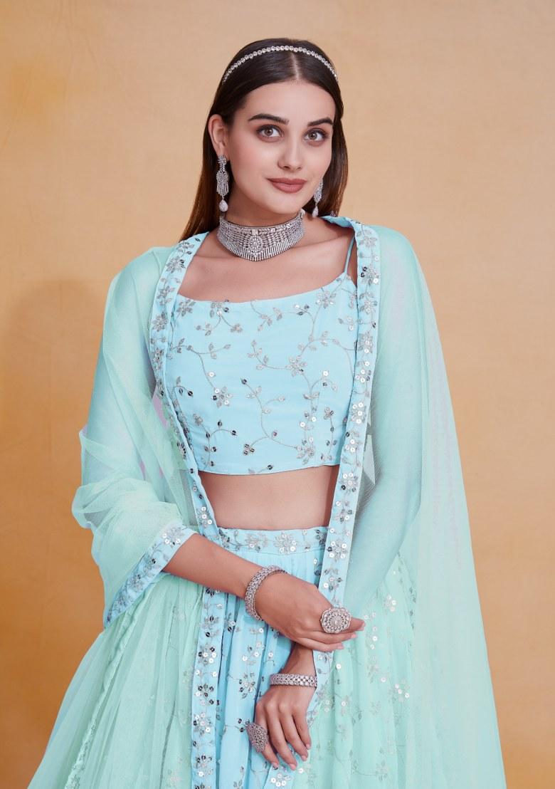 Sky Blue Embroidered Blended Lehenga Set