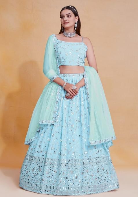 Sky Blue Embroidered Blended Lehenga Set