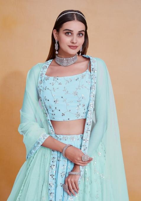 Sky Blue Embroidered Blended Lehenga Set