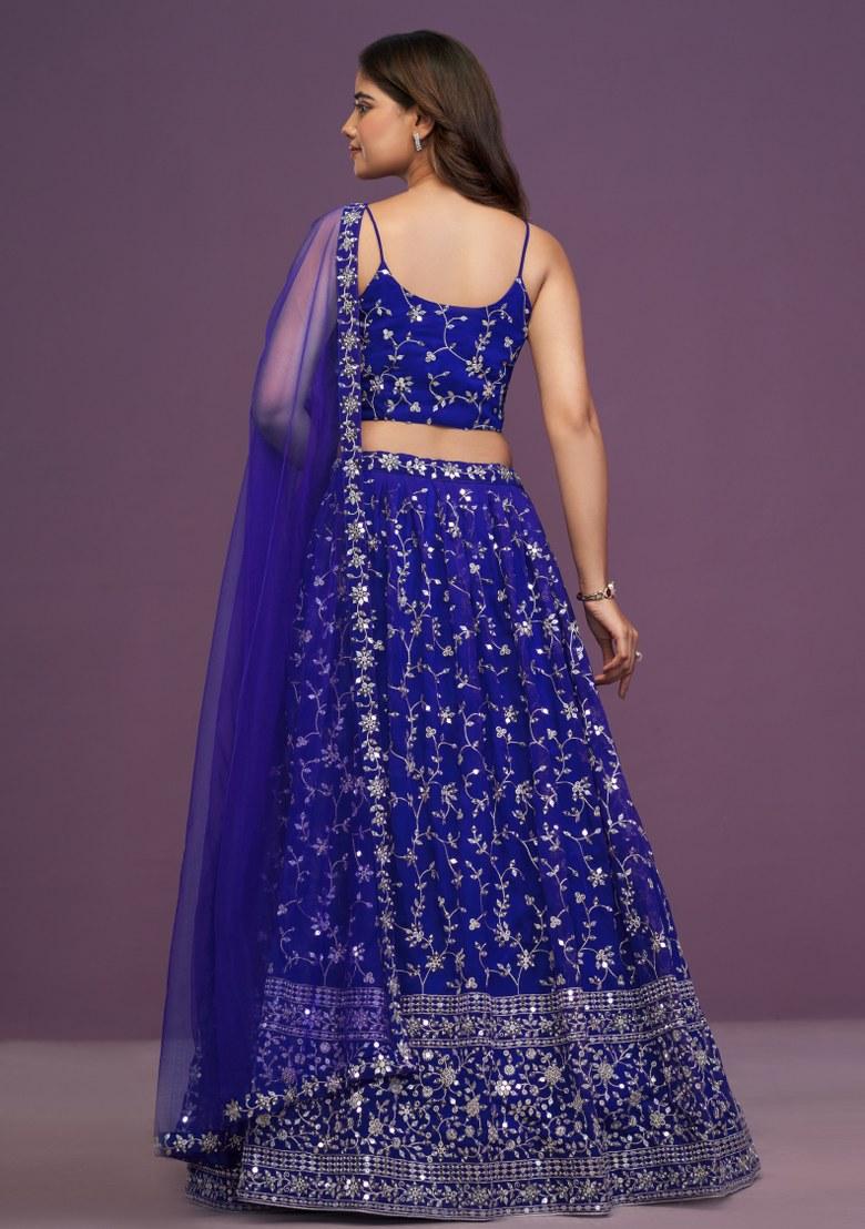 Royal Blue Embroidered Blended Lehenga Set