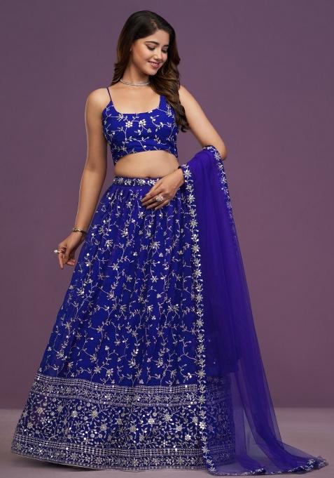 Royal Blue Embroidered Blended Lehenga Set