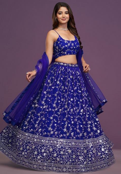 Royal Blue Embroidered Blended Lehenga Set