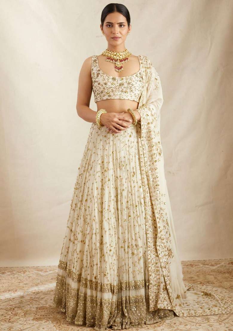 White Blended Lehenga Set with Embroidered for Diwali | Wedding & Festive Wear - Indya