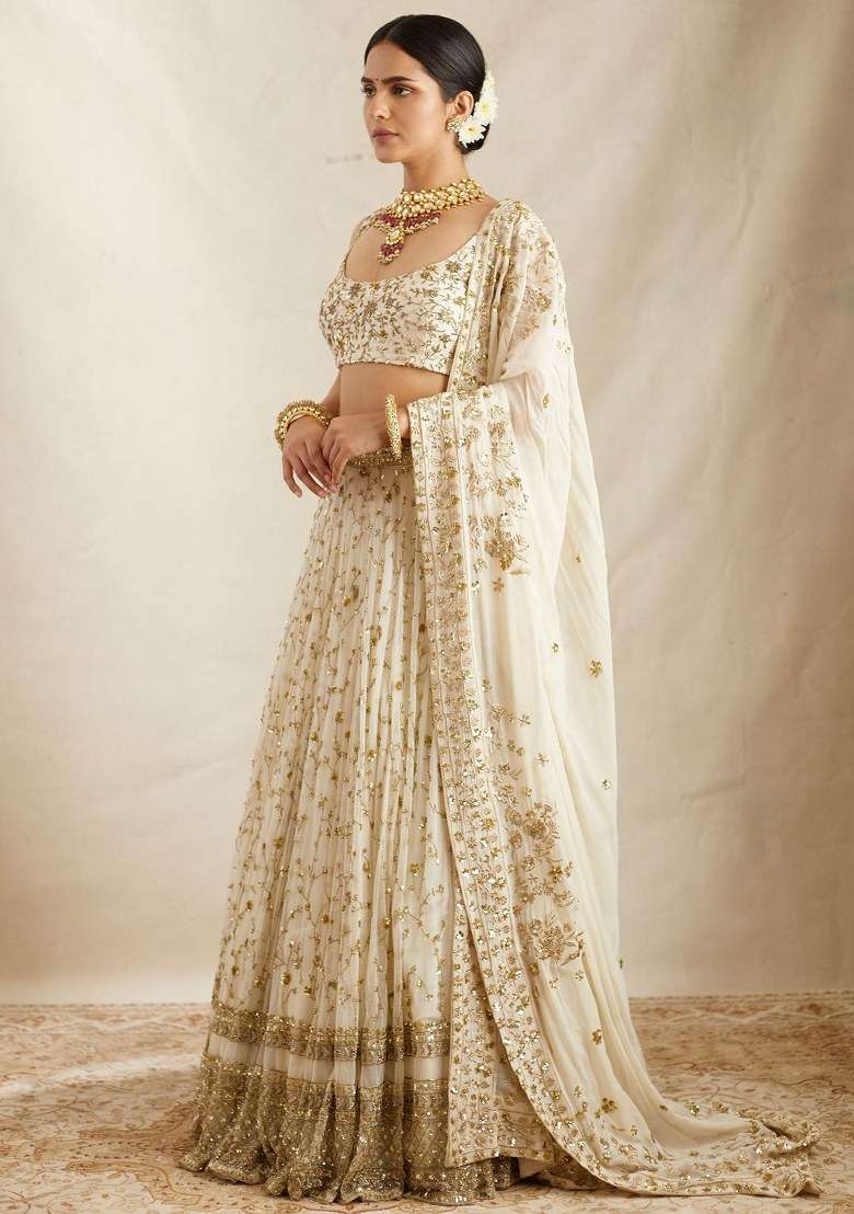 White Blended Lehenga Set with Embroidered for Diwali | Wedding & Festive Wear - Indya