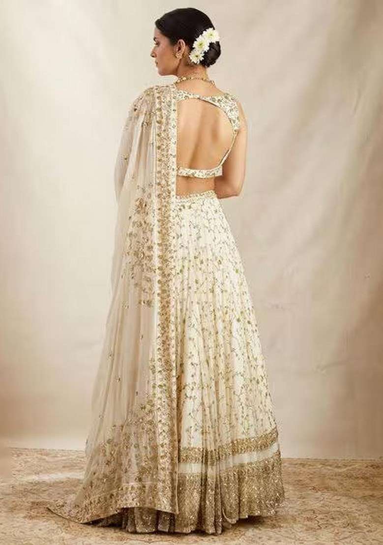 White Blended Lehenga Set with Embroidered for Diwali | Wedding & Festive Wear - Indya