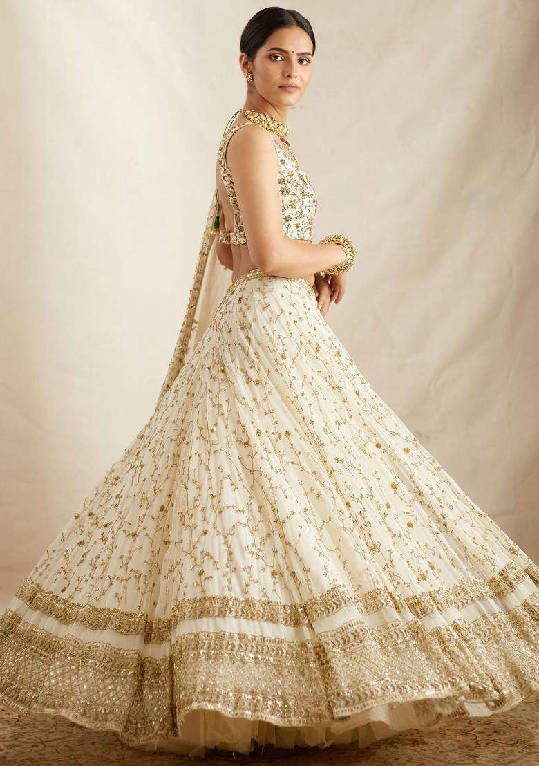 White Blended Lehenga Set with Embroidered for Diwali | Wedding & Festive Wear - Indya