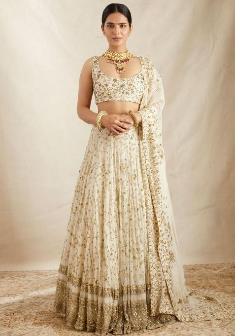 White Embroidered Blended Lehenga Set