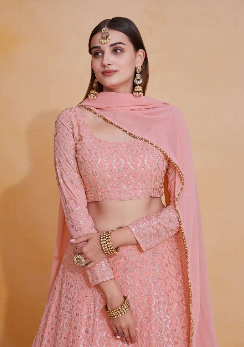 Rosy Brown Blended Lehenga Set with Embroidered for Diwali | Wedding & Festive Wear - Indya